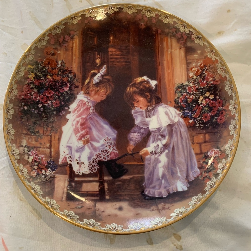 Vintage Sandra Kuck Decorative Plate with Children and Floral Design
